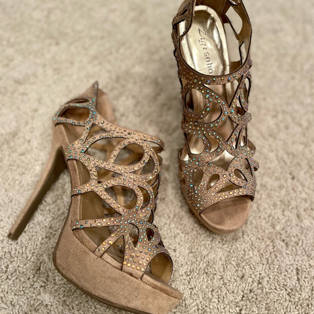 Tan suede heels with iridescent crystals